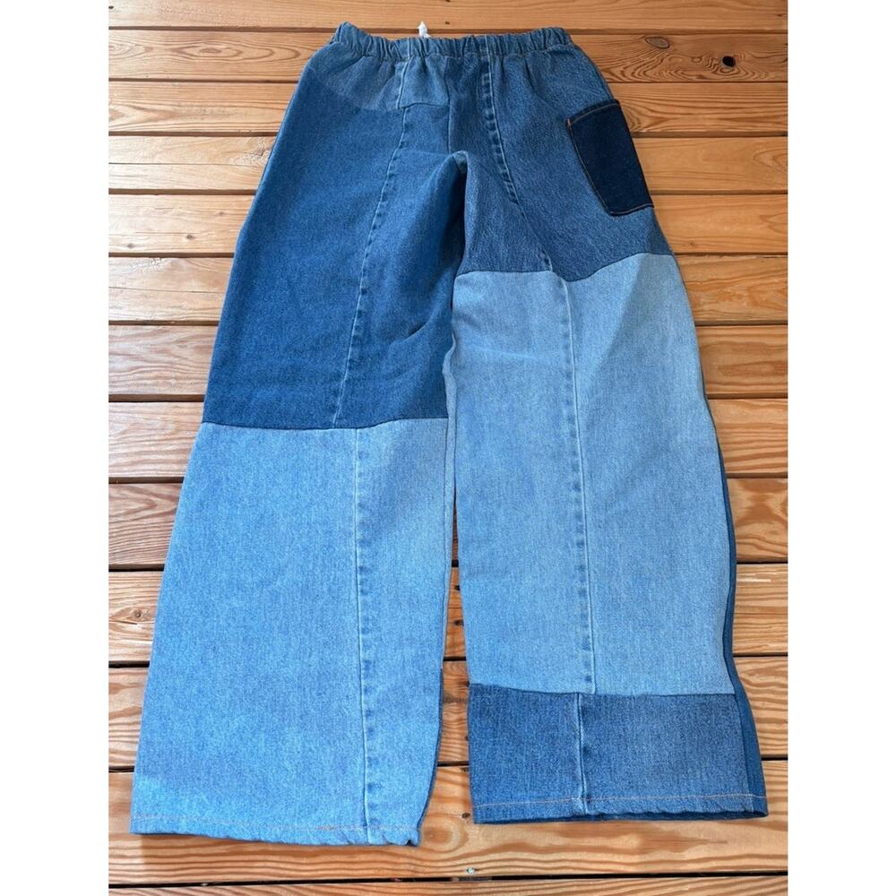 American recycled clothing NWT Women’s Drawstring patchwork jeans size S Blue Q5 - Picture 2 of 8